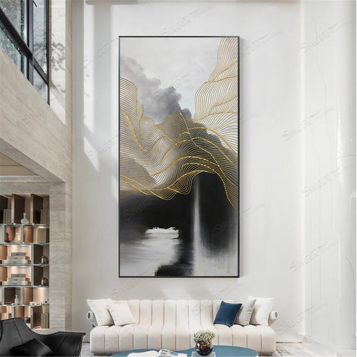 Gold Line Waves Over Misty Peaks Abstract Luxury Wall Art Poster - Image 4
