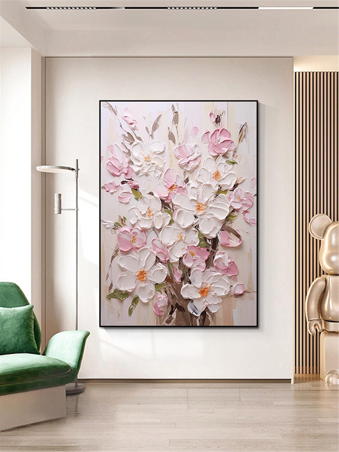 White Pink Blossom Branches Cream Vertical Textured Spring Wall Art - Image 3