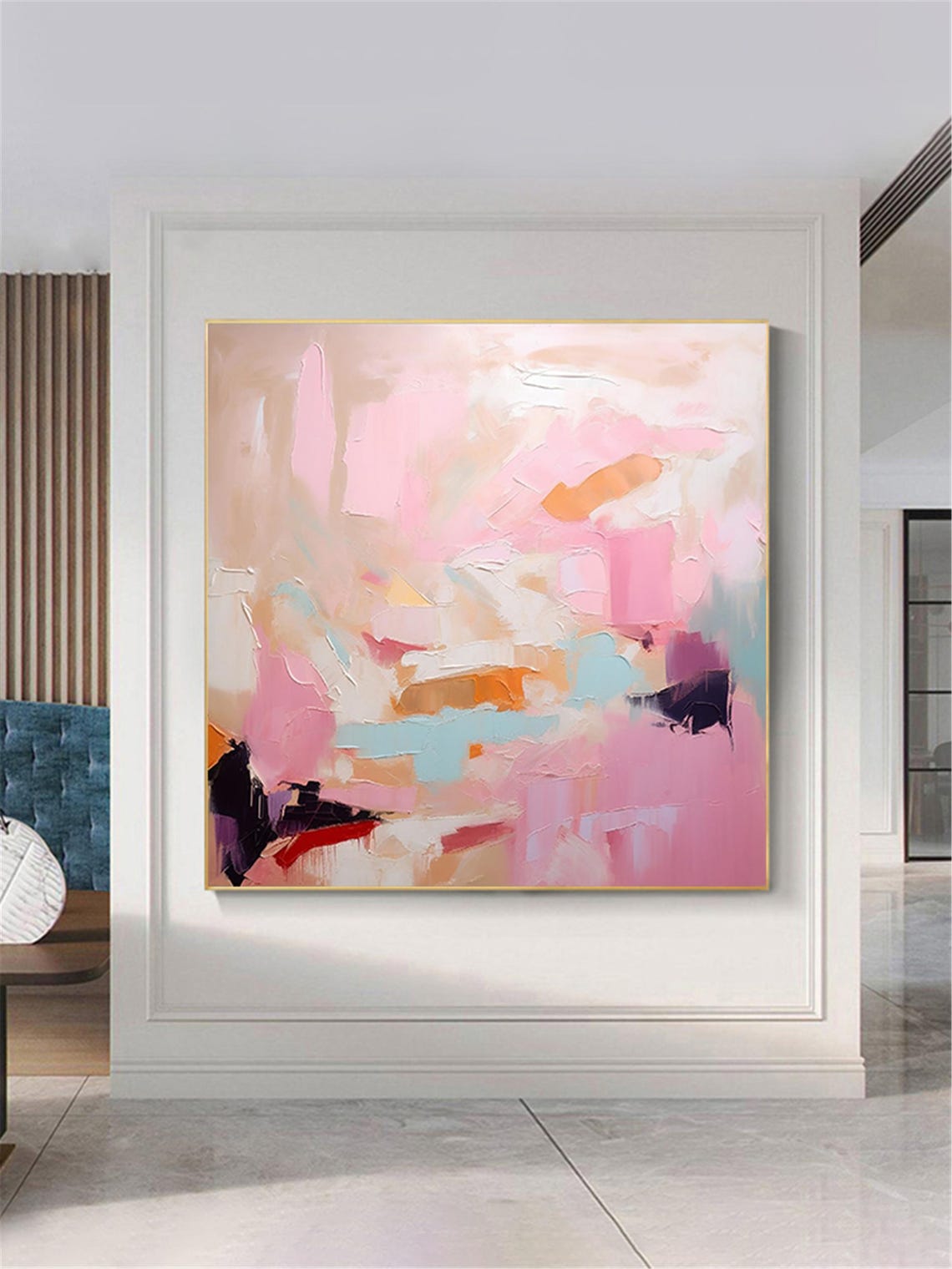 Pink Beige Cream Abstract Brushwork Gold Framed Gallery Wall Art - Image 3