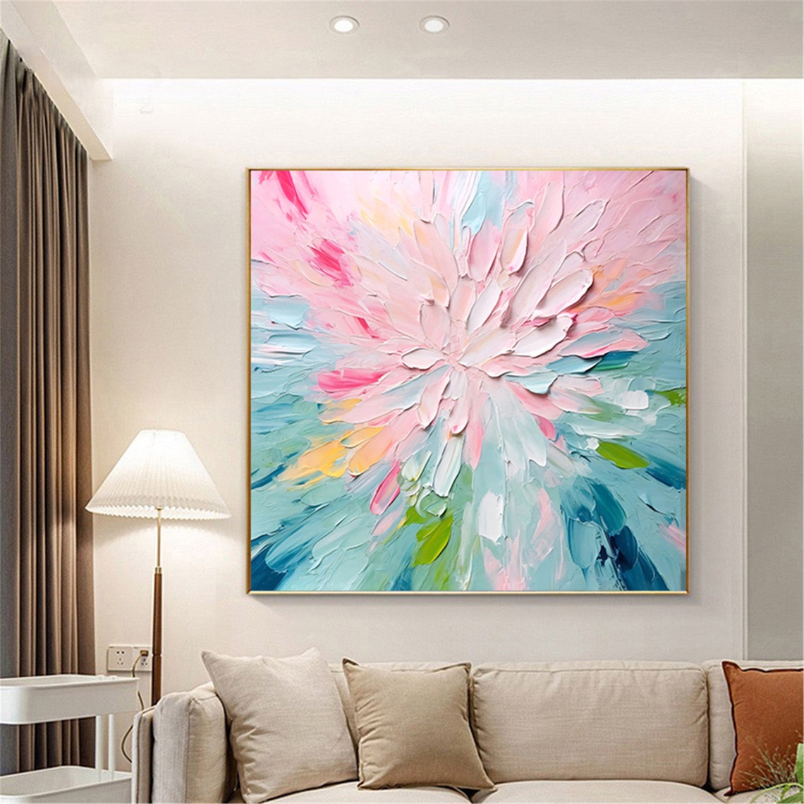 Pink White Giant Bloom Teal Splash Palette Knife Floral Wall Art - Image 4