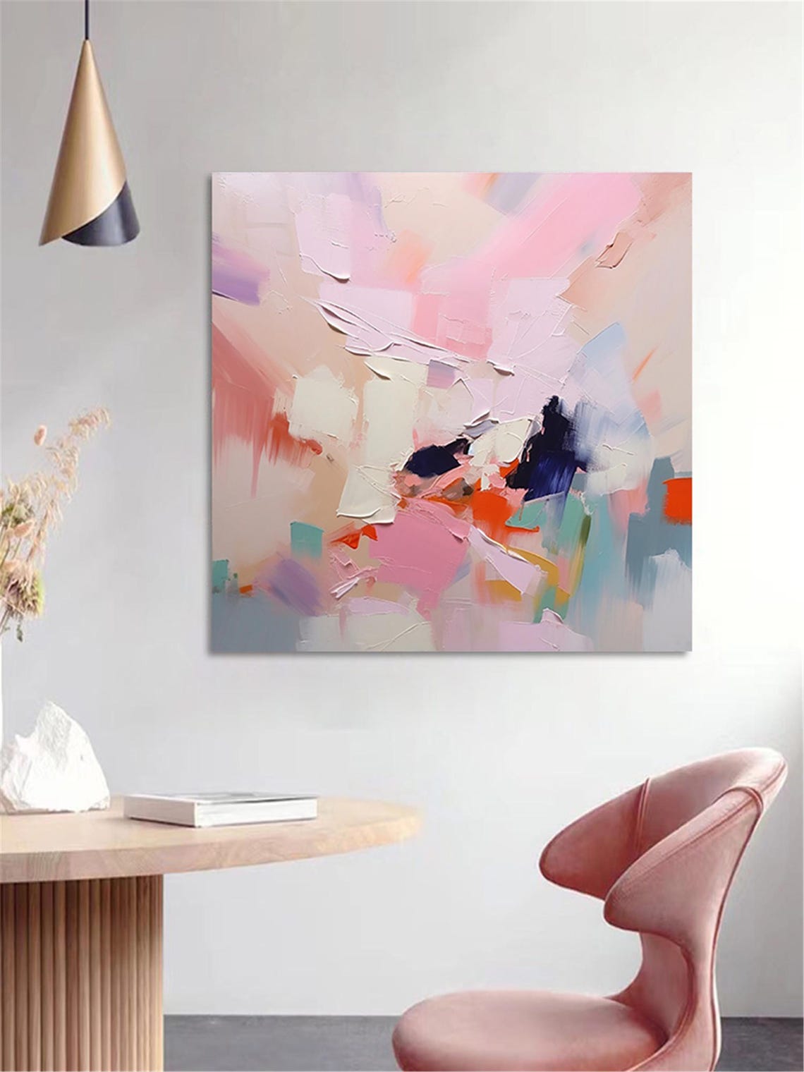 Soft Pink White Peach Abstract Painting Modern Living Room Wall Art - Image 5