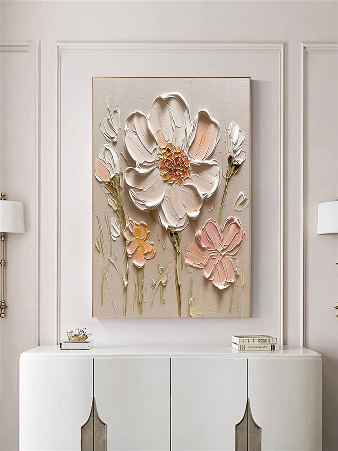 Delicate Pink White Cosmos Blossom 3D Textured Floral Painting Poster - Image 4
