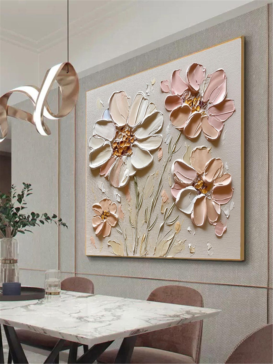 Cream Pink Cosmos Flowers Gold Center Textured Square Wall Art - Image 2