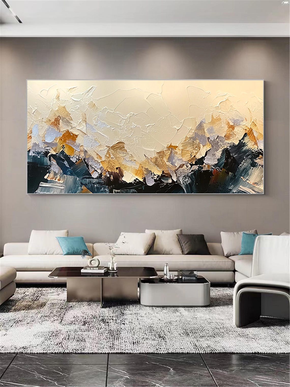 Navy Gold Mountain Abstract 3D Textured Panoramic Painting Wall Art - Image 4