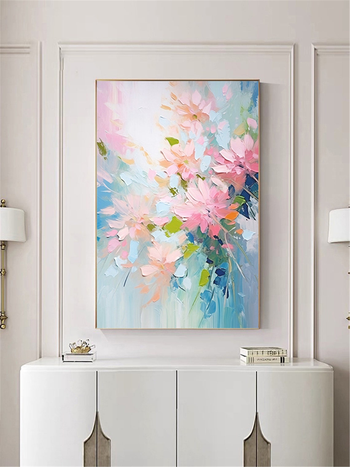 Soft Pink Pastel Floral Spray Blue Green Vertical Blossom Wall Art - Image 3