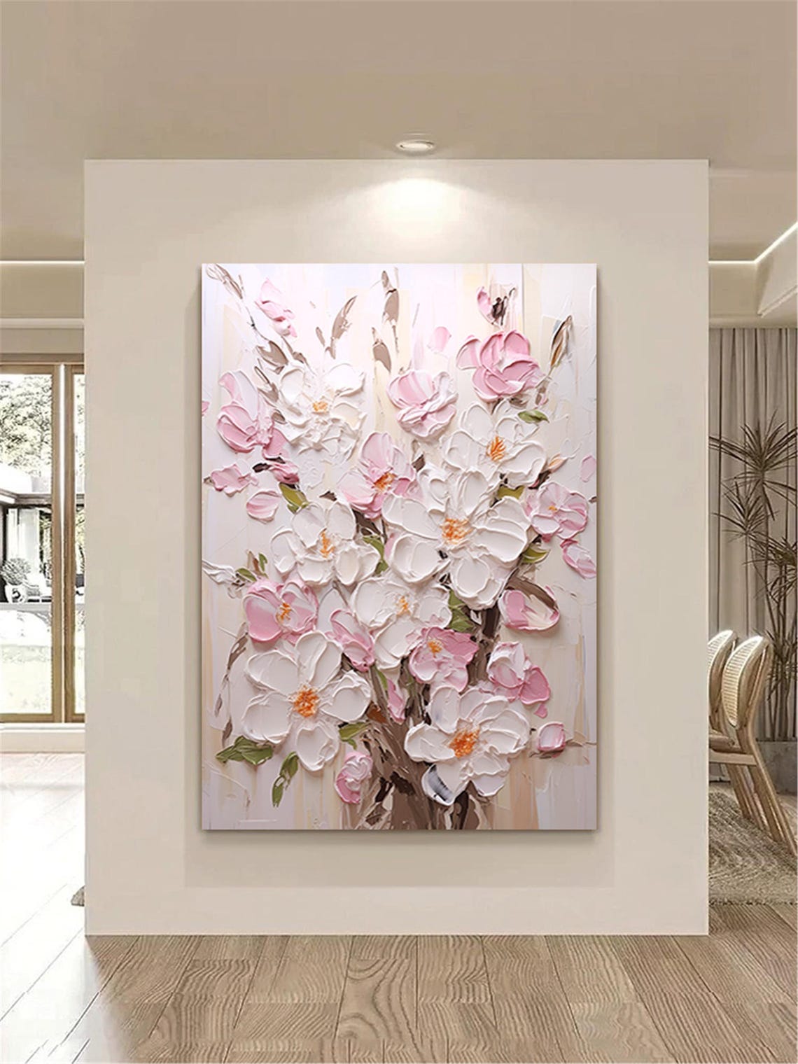 White Pink Blossom Branches Cream Vertical Textured Spring Wall Art - Image 4