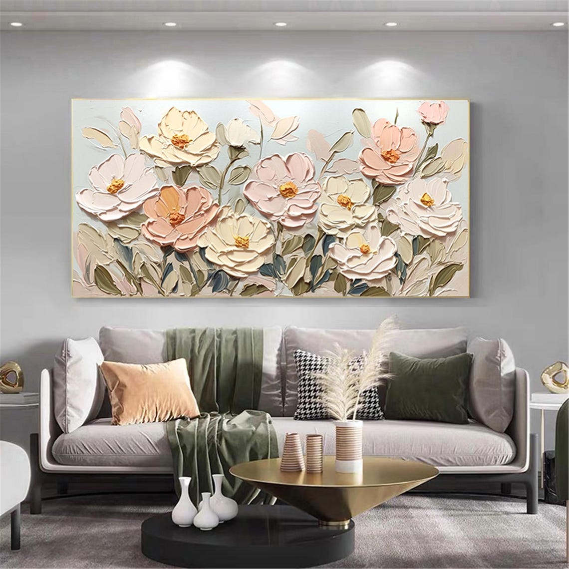 Soft Pink Cream Bloom Pale Blue 3D Textured Floral Painting Poster - Image 3