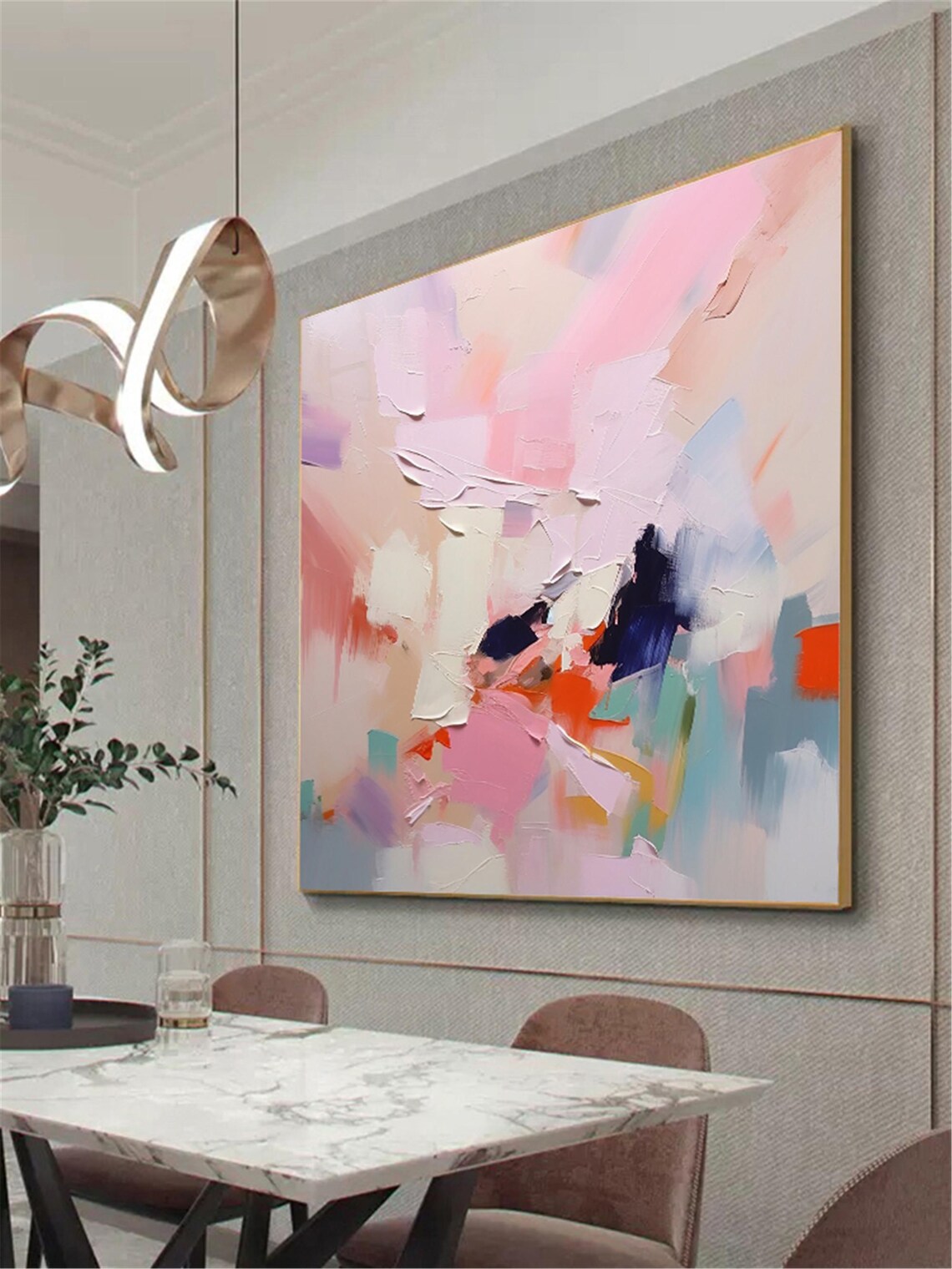 Soft Pink White Peach Abstract Painting Modern Living Room Wall Art - Image 2