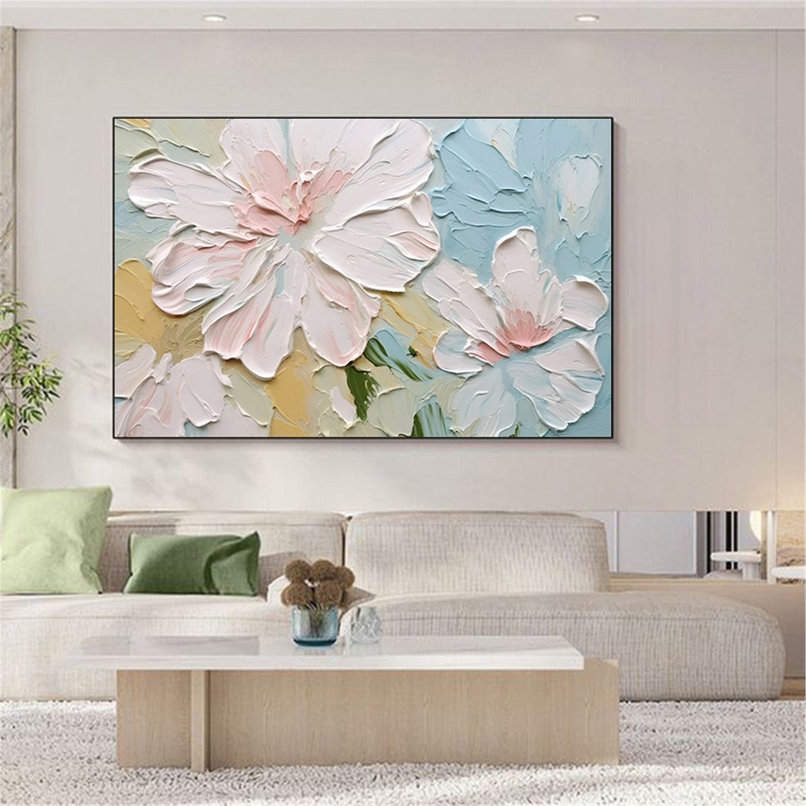 Giant Blush Peony Blossoms Blue Gold Panoramic Floral Wall Art - Image 4