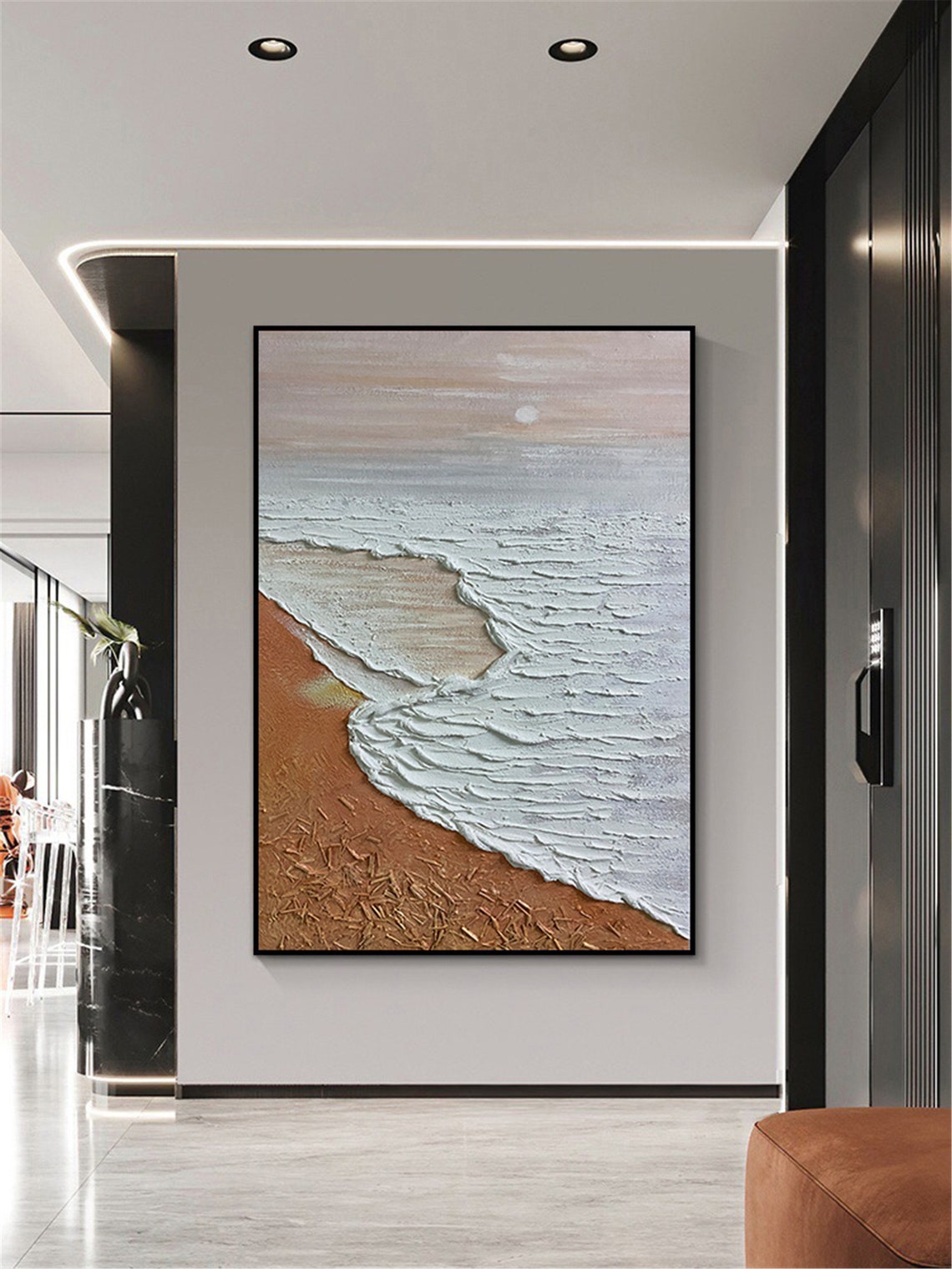 Ocean Waves Orange Sand 3D Textured Beach Painting Vertical Poster - Image 4