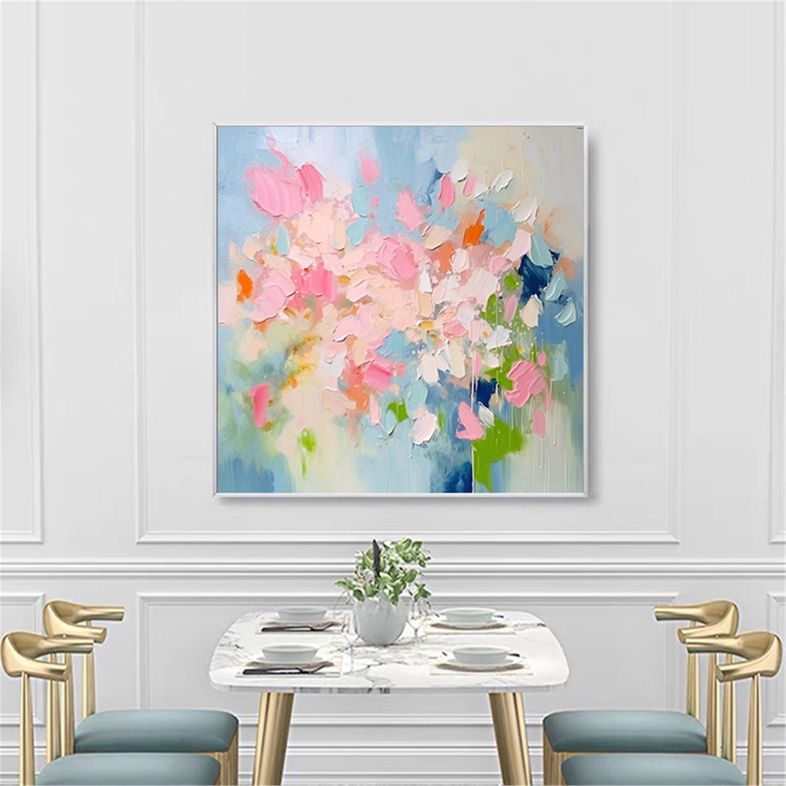 Pink White Blossom Burst Blue Green Abstract Floral Wall Art - Image 5