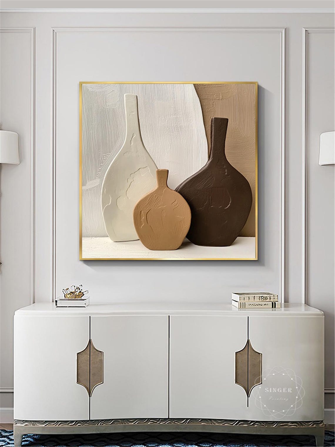 Minimalist Vases Still Life 3D Textured Painting White Tan Print - Image 3
