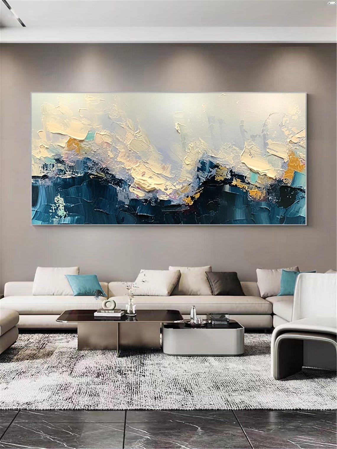 Navy Ocean Waves White Foam 3D Textured Painting Panoramic Wall Art - Image 5