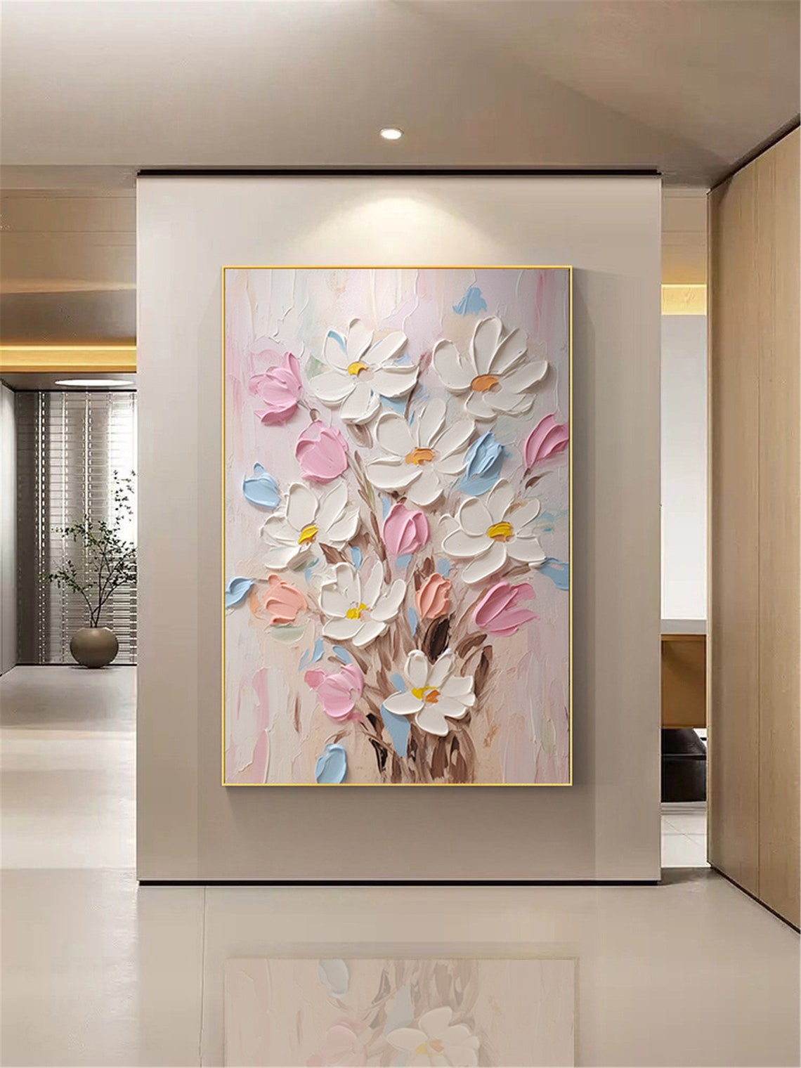 White Pink Daisy Bouquet Pale Blue Vertical Textured Flower Wall Art - Image 2