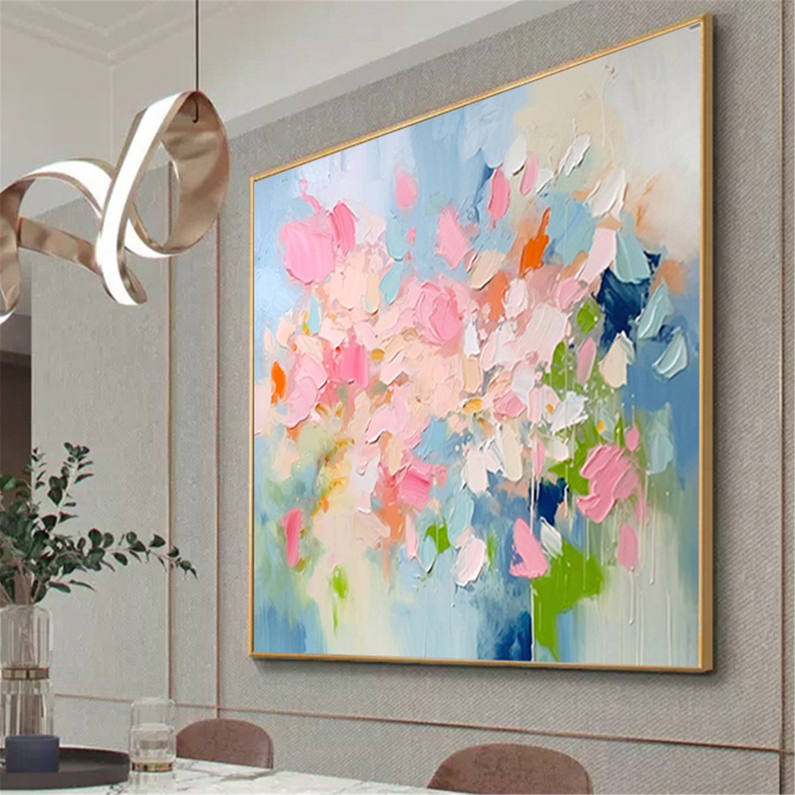 Pink White Blossom Burst Blue Green Abstract Floral Wall Art - Image 2