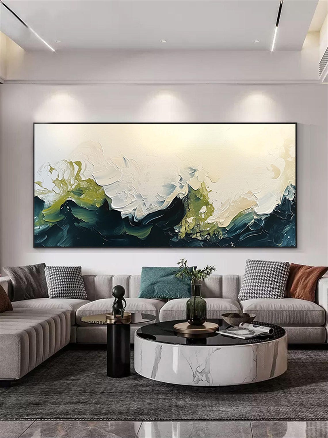 Deep Teal Ocean Waves 3D Textured Painting White Foam Panoramic Poster - Image 3