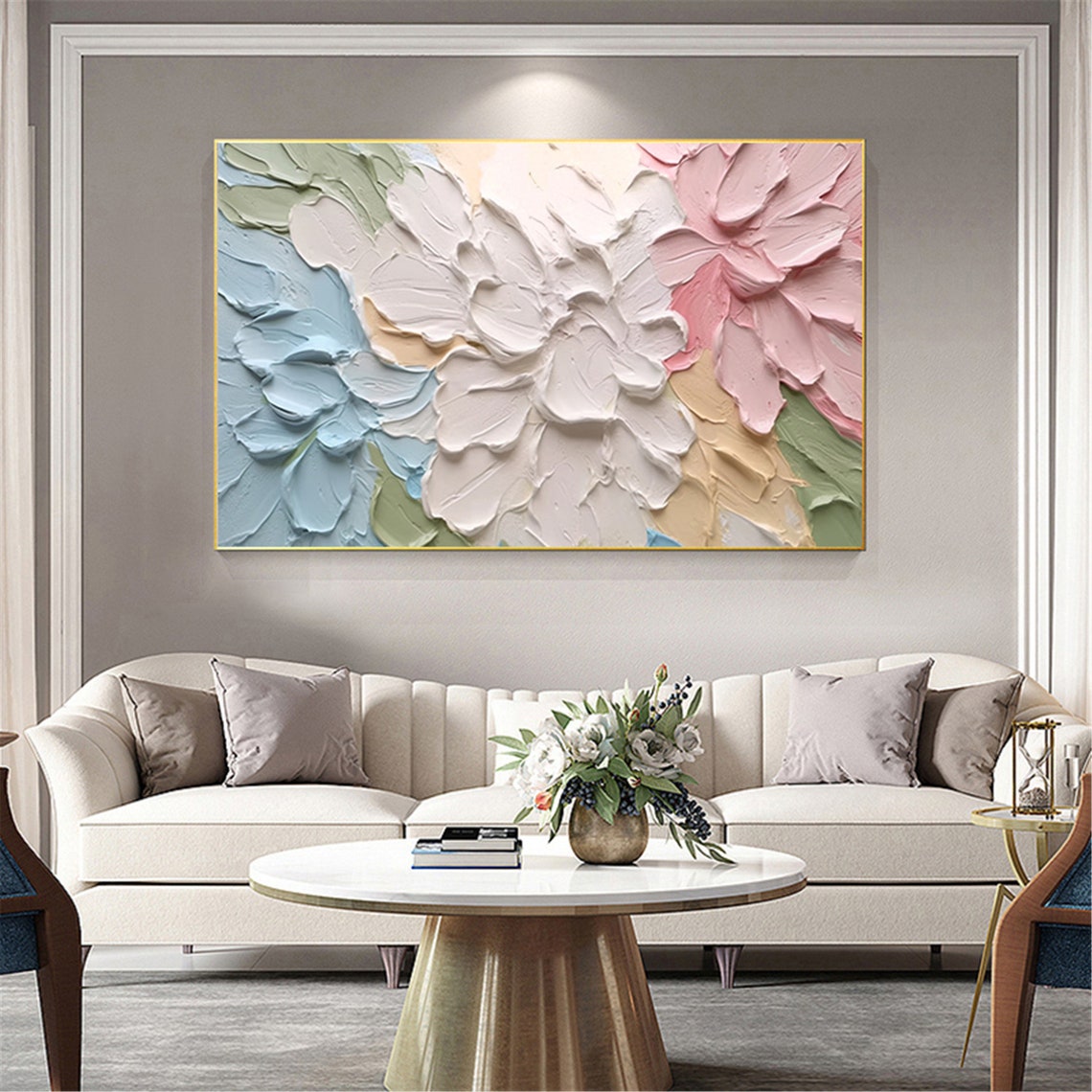 Pastel Petal Bloom 3D Textured Impasto Floral Painting Cream Wall Art - Image 4