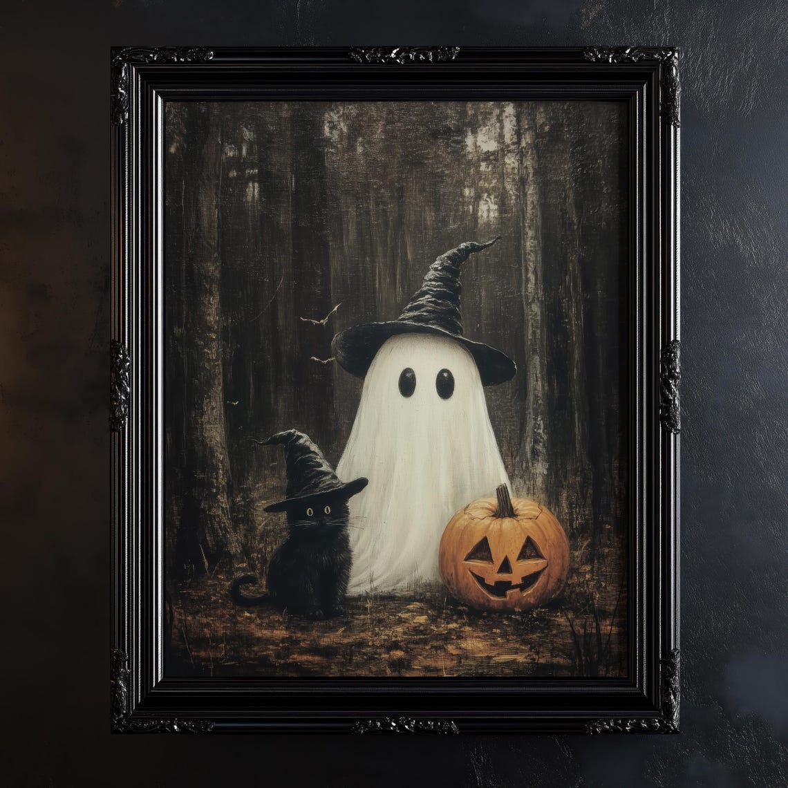 Cute Ghost And Black Cat In Dark Forest Print Vintage Halloween Wall Art Dark Academia Room Decor Instant