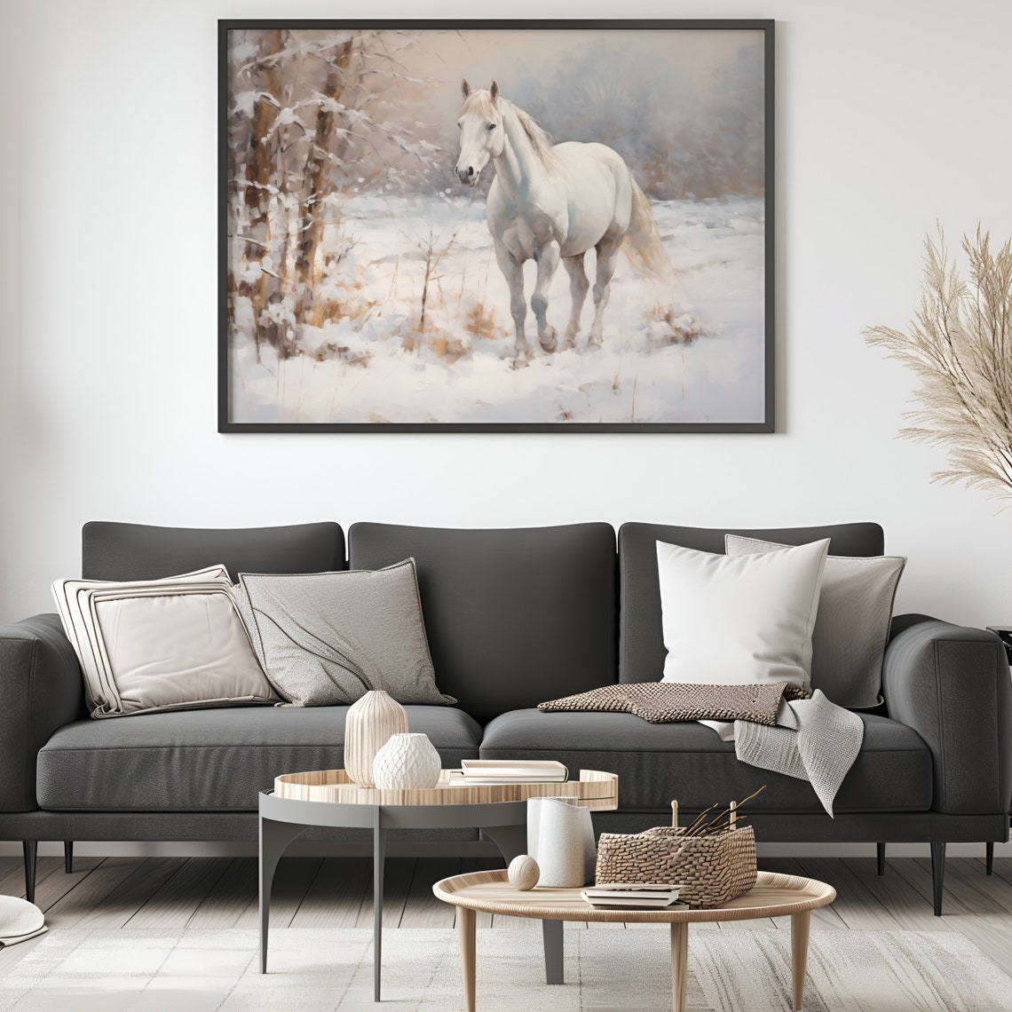 White Horse in a Snowy Forest Winter Landscape Painting Poster - Image 4