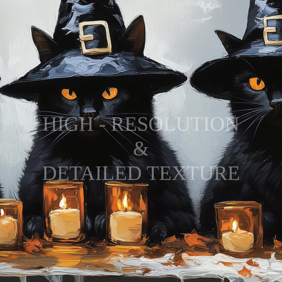 Three Black Cats in Witch Hats with Pumpkins Vintage Halloween Poster - Image 3