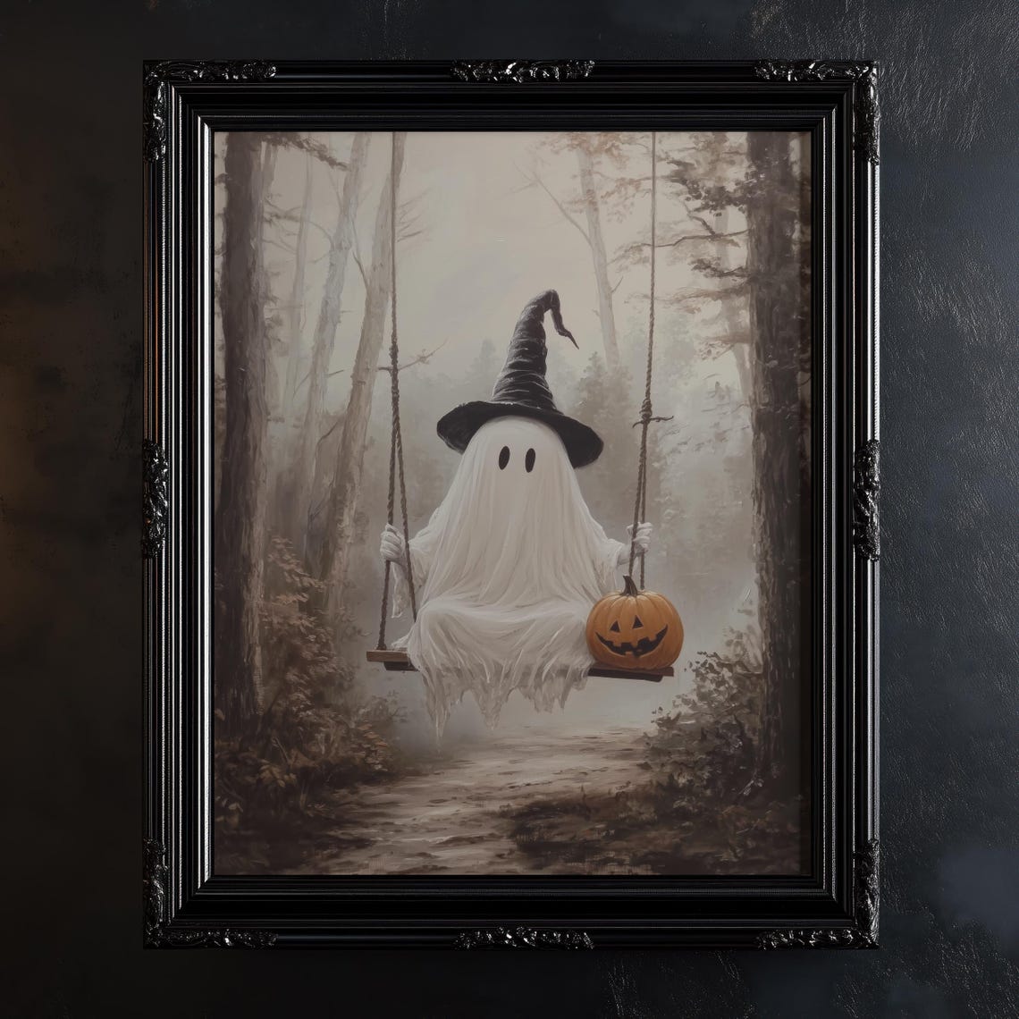 Cute Halloween Ghost On The Swing Print Vintage Spooky Forest Halloween Wall Art Gothic Fall Painting - Image 3