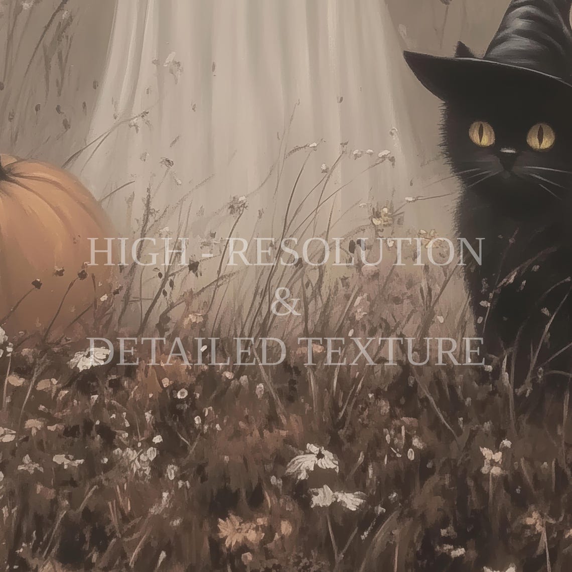 Vintage Cute Ghost and Black Cat in Witch Hat Autumn Field Poster - Image 3