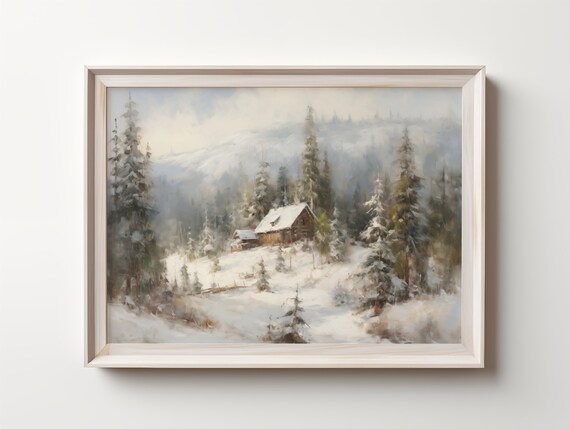 Snowy Log Cabin in Winter Mountains Cozy Landscape Painting Poster