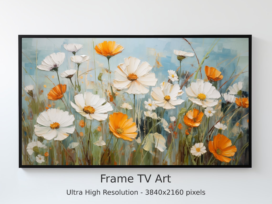 White and Orange Wildflowers Meadow Frame TV Art Floral Poster