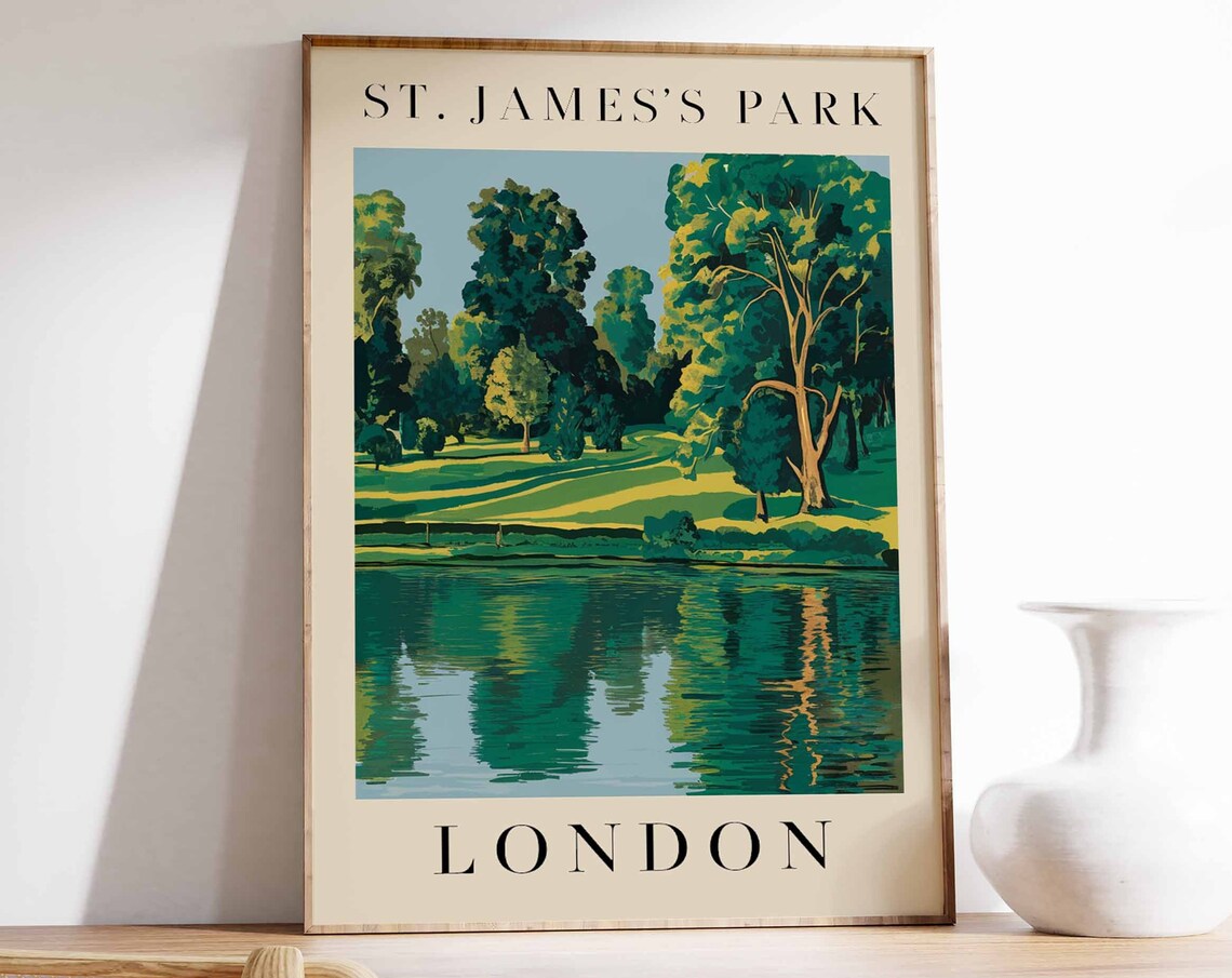 St Jamess Park Lake Reflection London Green Trees Art Poster
