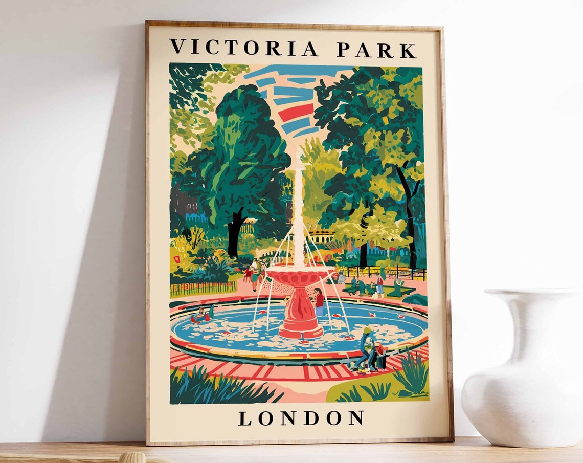 Victoria Park London Garden Fountain Sunny Colorful Travel Poster