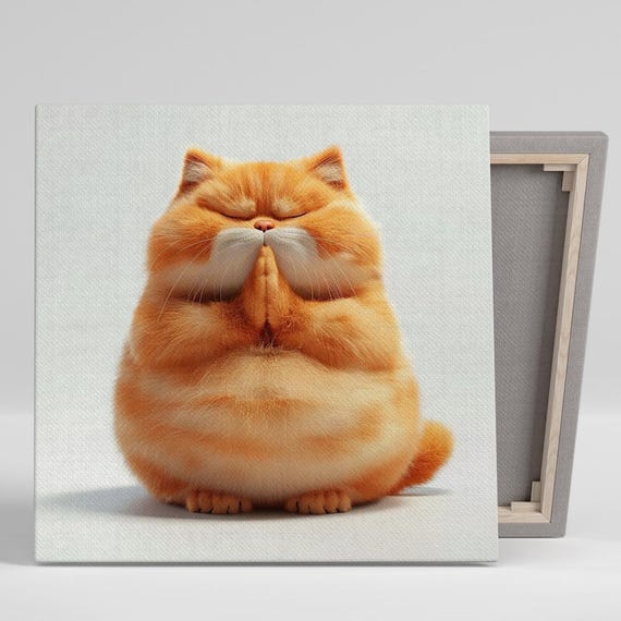Zen Cat Meditation Art Or Poster Whimsical Animal Modern Decor Living Room Childrens Room Nursery Office Wall Art Orange Yellow