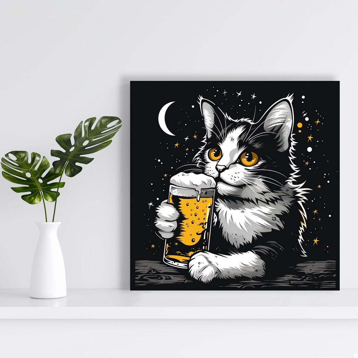 Cosmic Cat Beer Night, Whimsical Animal Art Print - Image 2