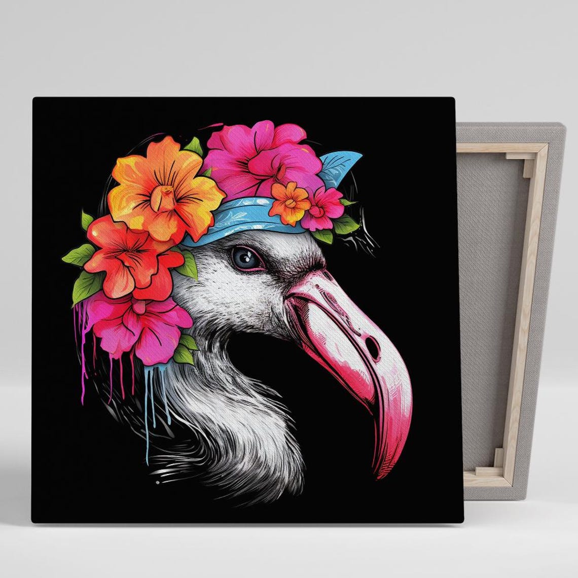 Flamingo With Tropical Flower Crown Tattoo Pop Art On Black Poster