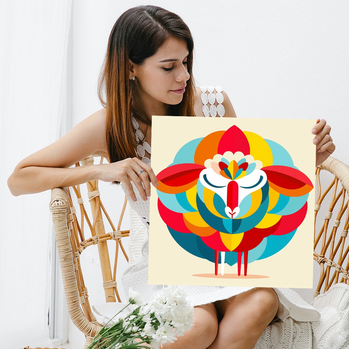 Geometric Sheep Mandala Art Red Yellow Teal Modern Animal Poster - Image 3