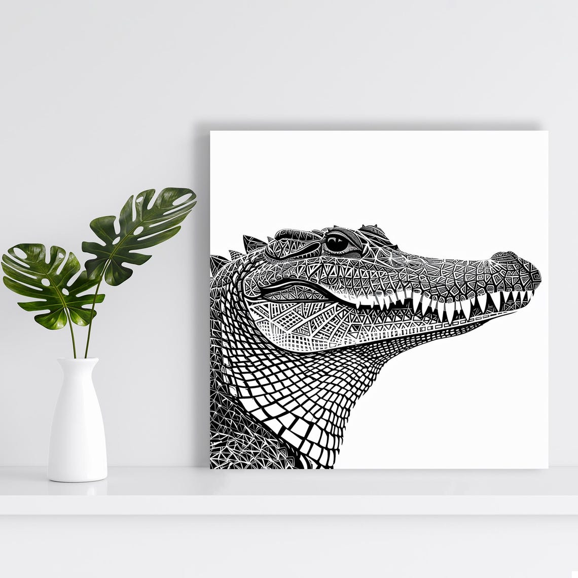 Ornate Geometric Crocodile Head Tribal Black White Wall Art Poster - Image 2