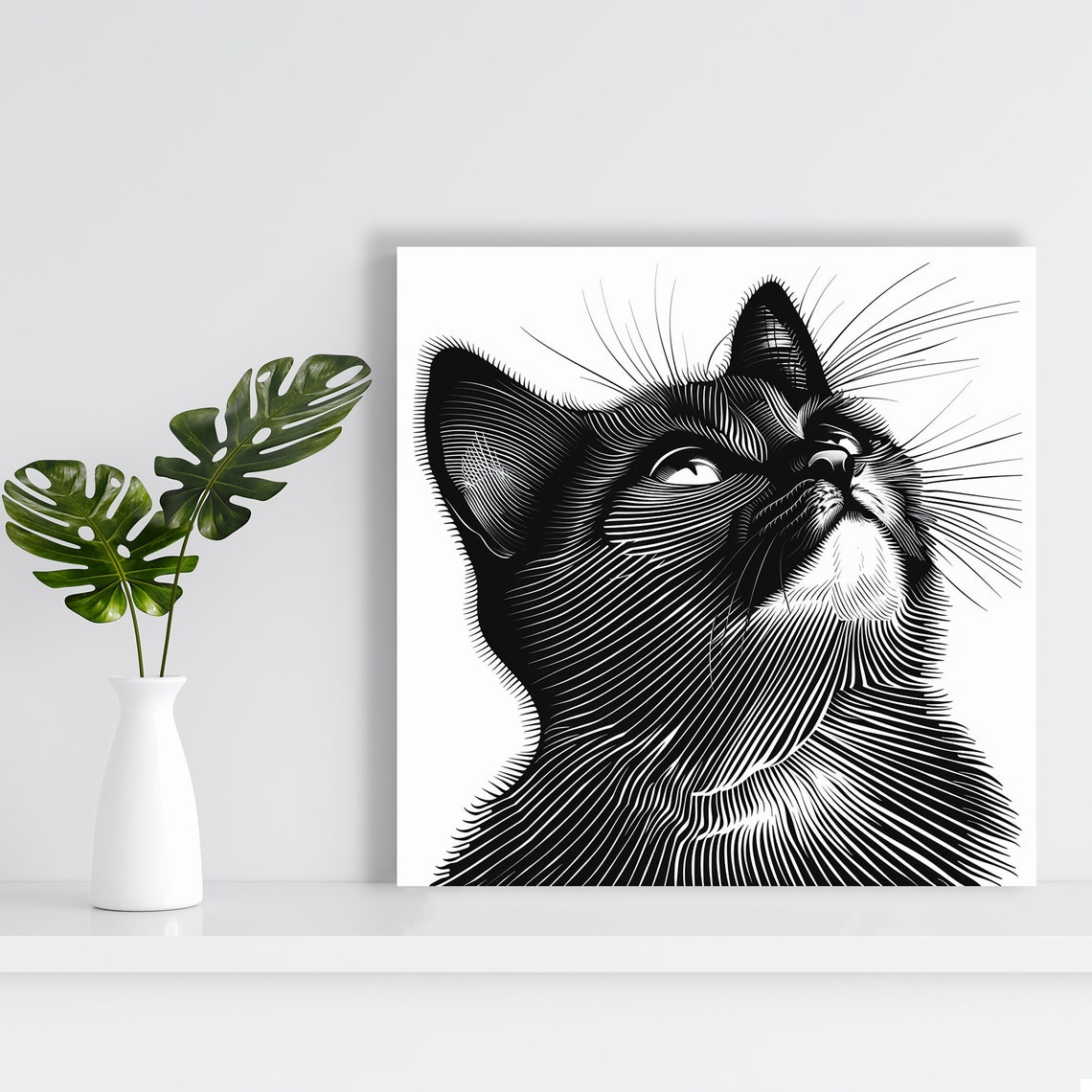 Black Cat Looking Up Minimalist Line Art Modern Feline Wall Art Poster - Image 2