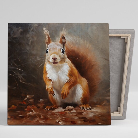 Red Squirrel Oil Painting Autumn Leaves Cute Woodland Wall Art