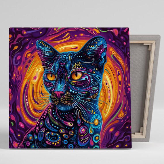 Neon Psychedelic Cat Poster Paisley Dot Pattern Purple Cosmic Art Wall Print