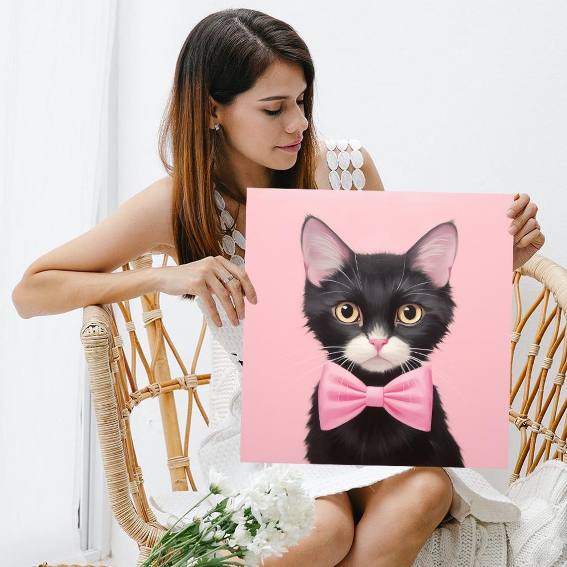 Dapper Black Cat Pink Bow Tie Cute Nursery Kitten Portrait Art Poster - Image 3
