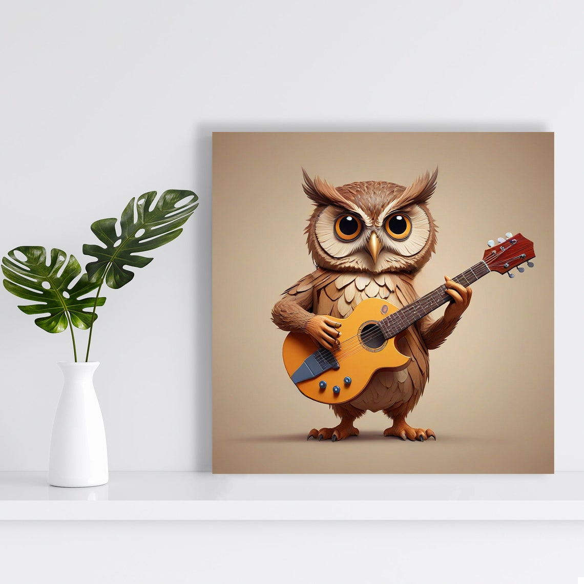 Owl Guitar Musician Whimsical Owl Playing Guitar Beige Animal Poster - Image 2
