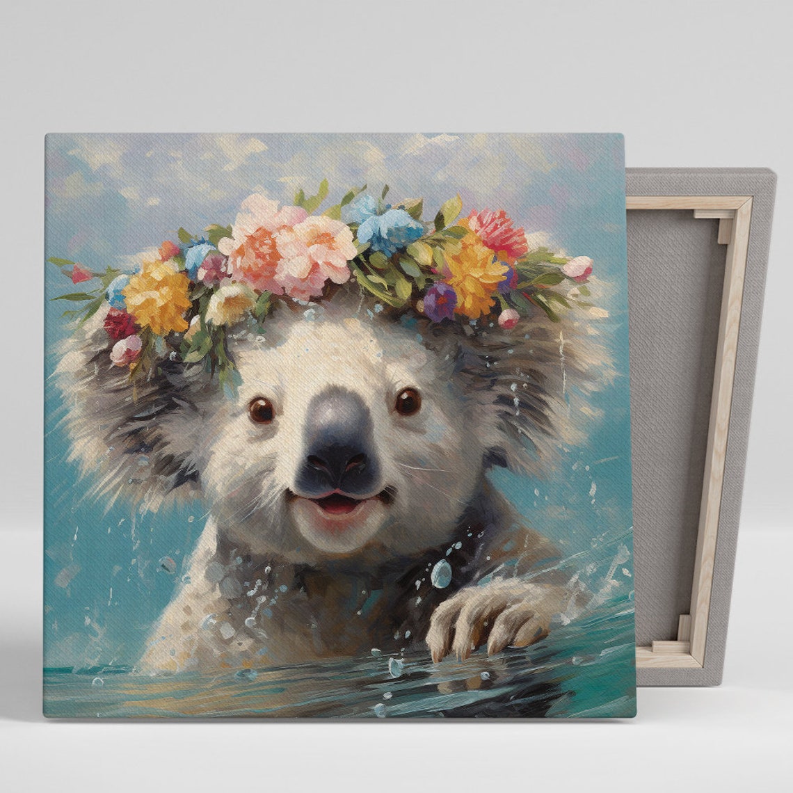 Koala With Flower Crown Emerging From Turquoise Water Poster