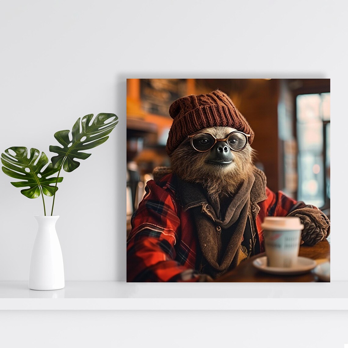 Hipster Sloth Coffee Shop Beanie Glasses Flannel Shirt Funny Animal Wall Art Poster - Image 2