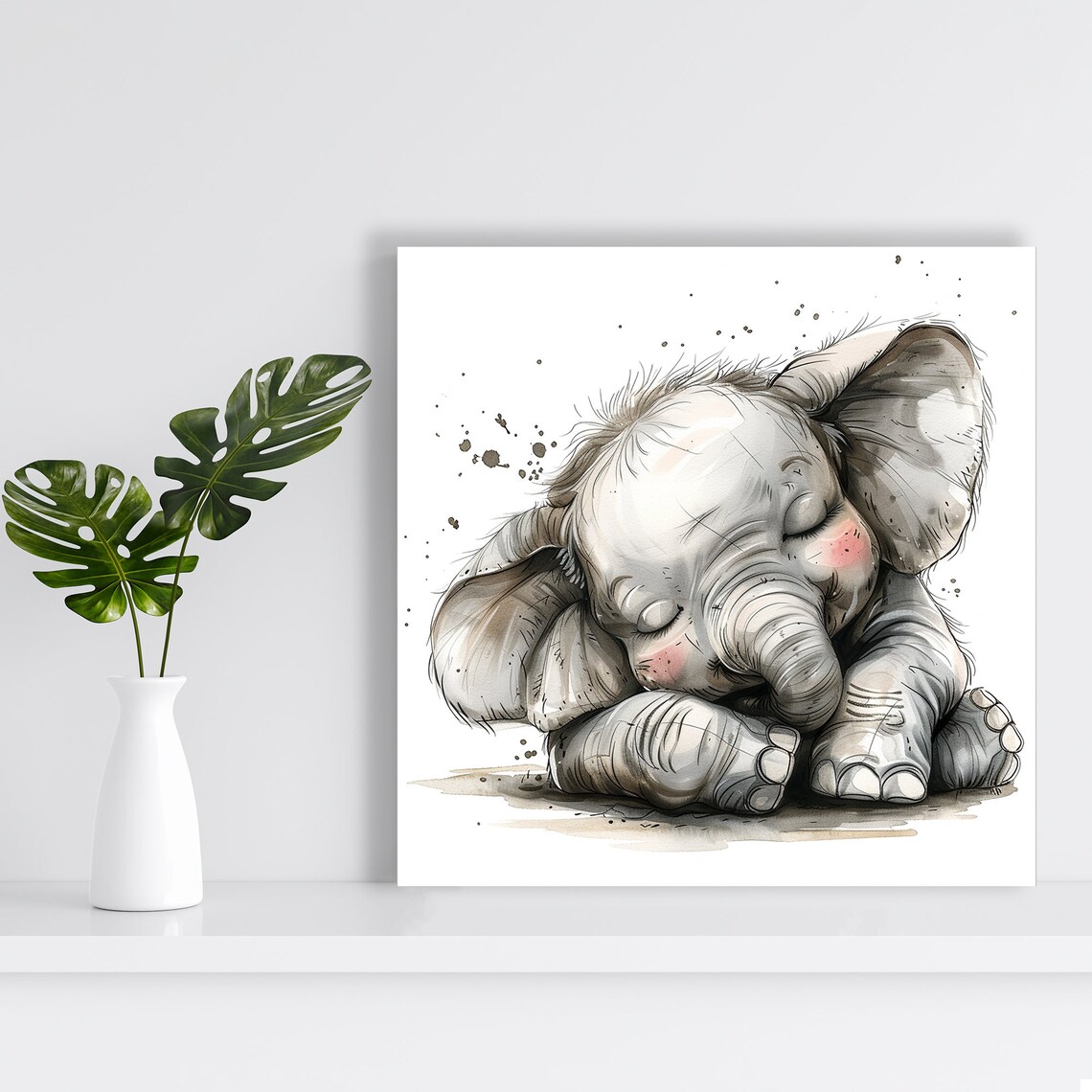 Sleepy Elephant Cuddles Baby Elephant Napping Watercolor Nursery Wall Poster - Image 2