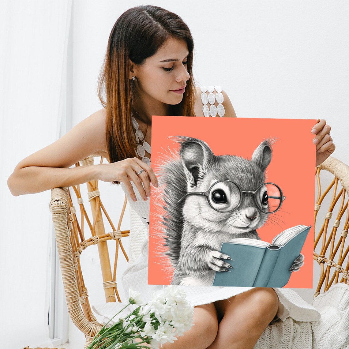 Scholarly Squirrel Reading Book Poster Cute Squirrel With Glasses Coral Print - Image 3