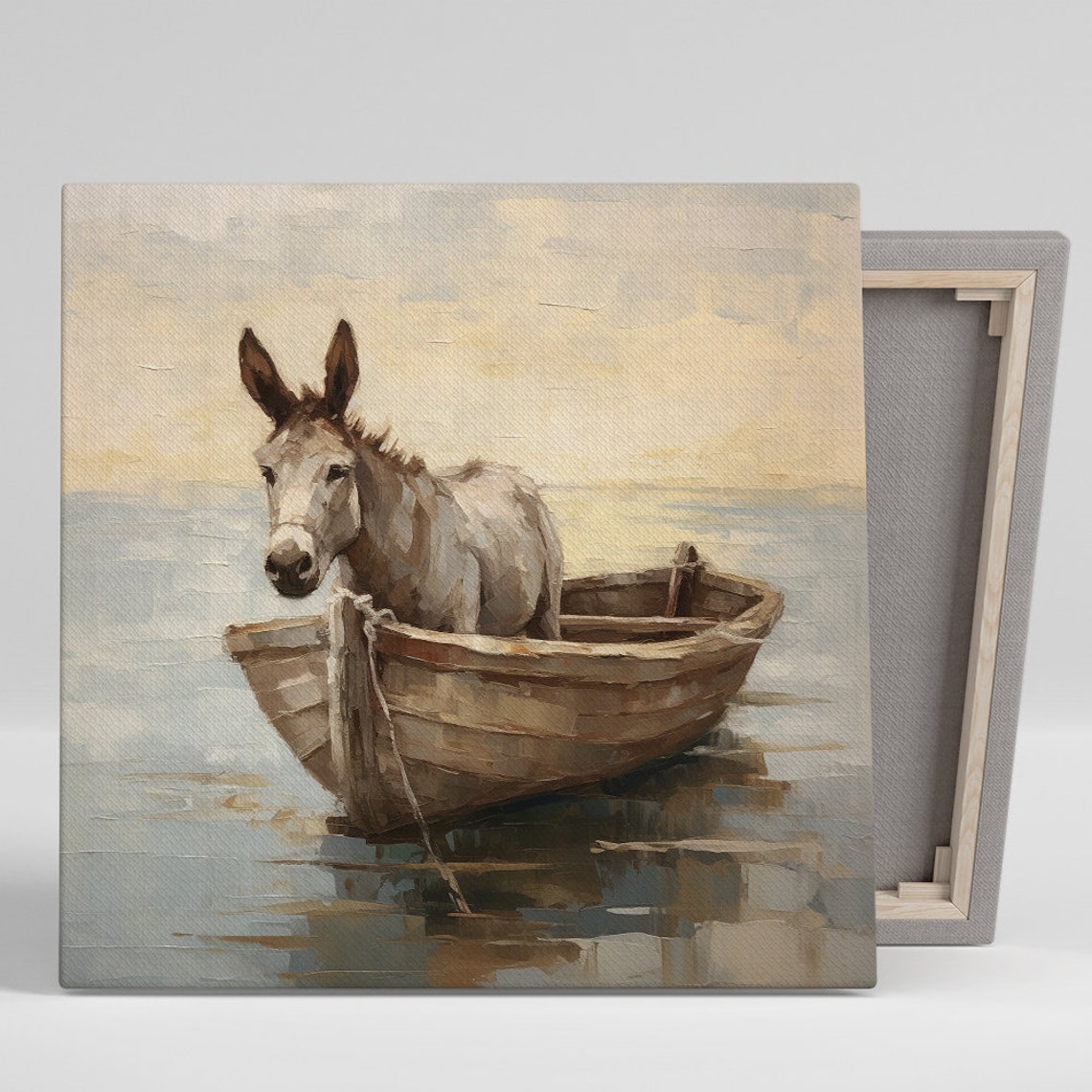 Donkey In Wooden Rowboat Calm Water Soft Painterly Nautical Art Poster