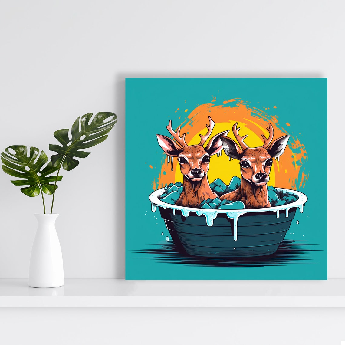 Two Deer Bubble Bath Wash Tub Teal Orange Sunset Fun Wall Art - Image 2