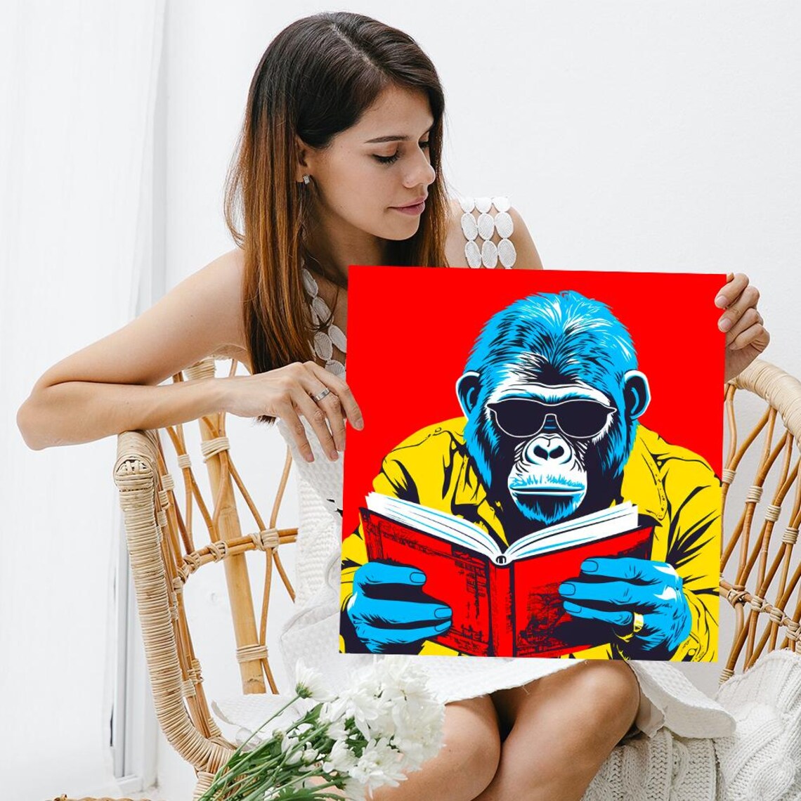 Cool Gorilla Reading Book Sunglasses Pop Art Red Yellow Fun Wall Poster - Image 3