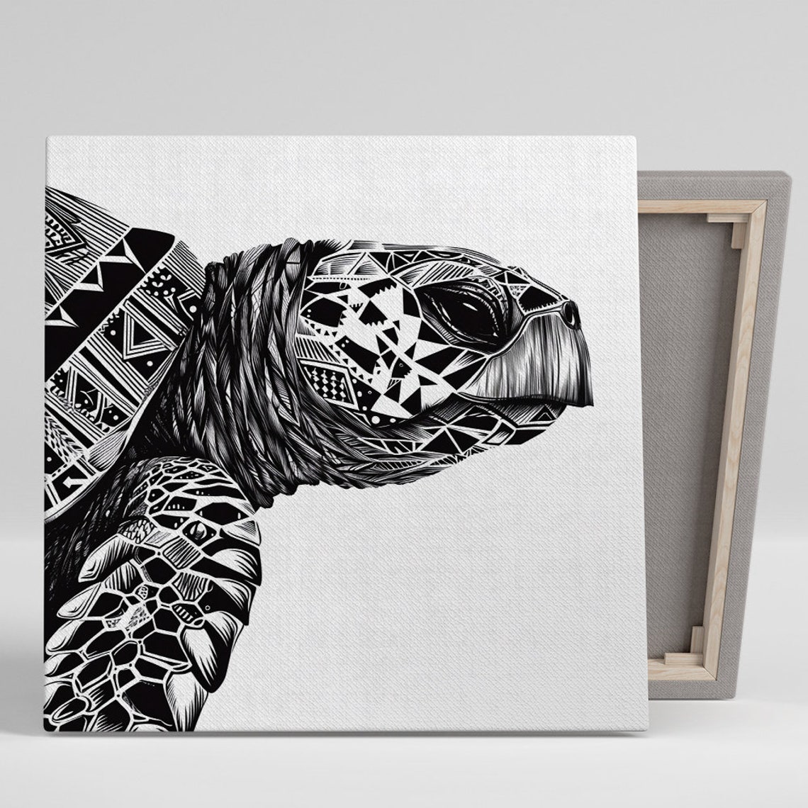 Sea Turtle Side Profile Geometric Tribal Black and White Poster