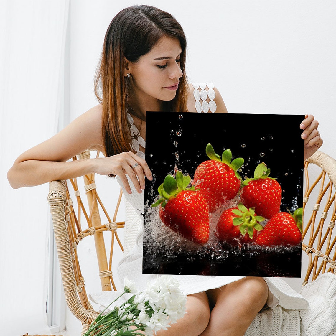 Juicy Strawberries Water Splash Dramatic Black Kitchen Art Poster - Image 3