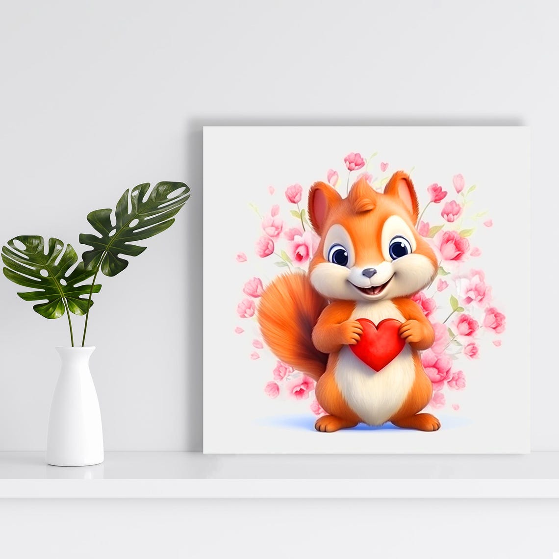 Cute Squirrel Holding Red Heart Pink Flowers Sweet Nursery Wall Poster - Image 2